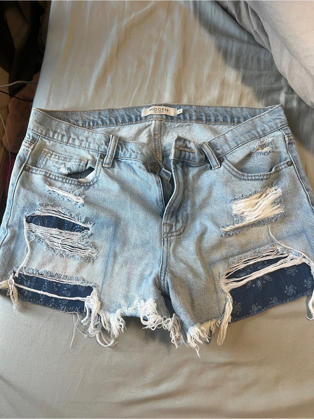 Hidden Light Blue Distressed Denim Shorts with Bandana Inset